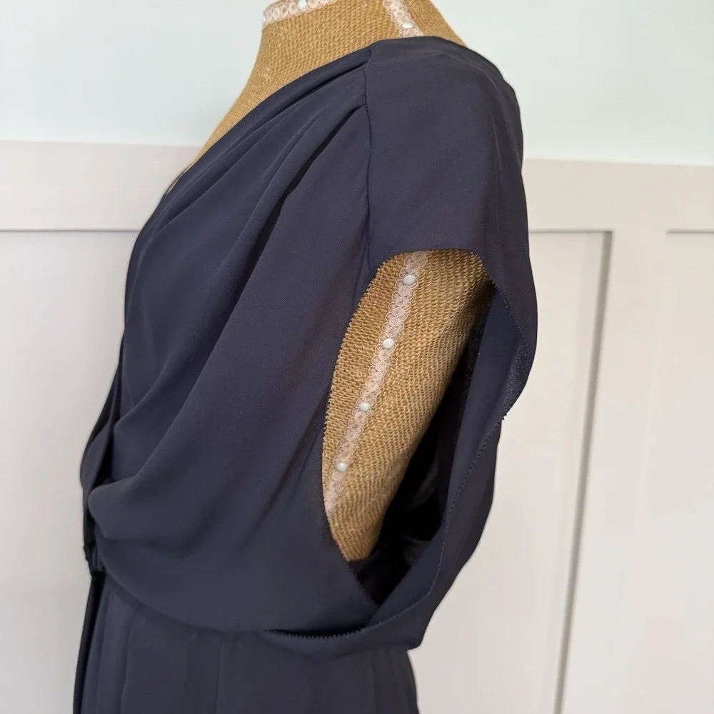 Tory Burch Deep V Neck Asymmetric Midi Wrap Dress 4 Navy Wedding Cocktail Career
